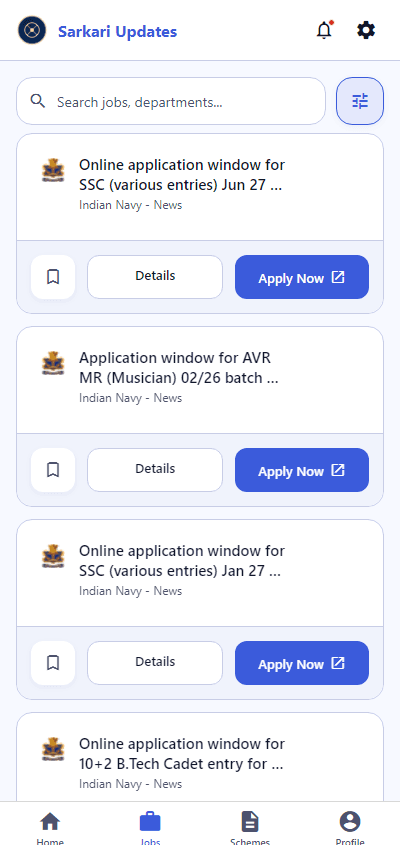 Real screenshot of the app's Jobs screen